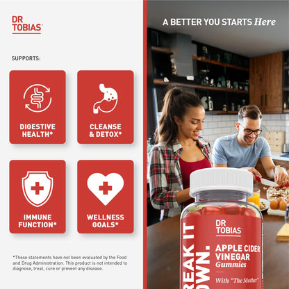 Dr. Tobias Apple Cider Vinegar Gummies with The Mother - 500mg ACV Per Serving, Plus Folate, B6, B12 & Iodine | Supports Digestive Health Gut Cleanse & Detox - Vegan (60 Gummies)
