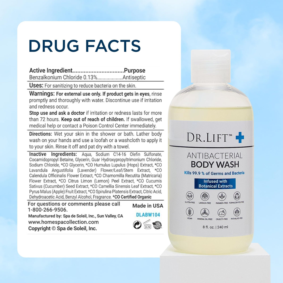 Dr. Lift Antibacterial Body Wash, Lemon, Spirulina, Vegan, 8 Fl Oz DR. LIFT