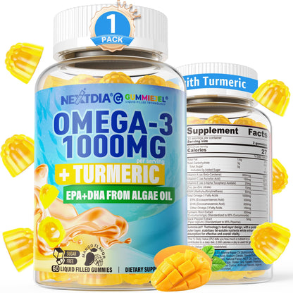 Vegan Omega-3 Gummies 1000mg + Turmeric - Omega 3 Fish Oil Alternative for Adults - Algae DHA 600mg & EPA 300mg Nextdia