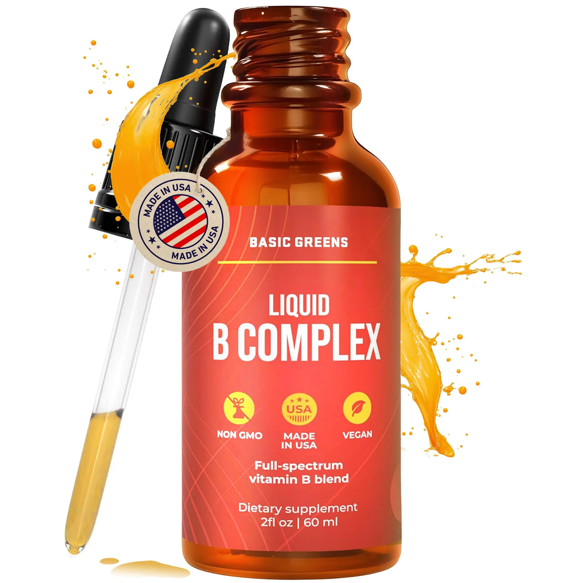 BASIC GREENS Vitamin B Complex Liquid Drops - Strength Sublingual Formula, Maximizes Absorption & Boosts Energy - B1, B2, B3, B5, B6, B7, B9, B12 - Natural Vegan Supplement BASIC GREENS
