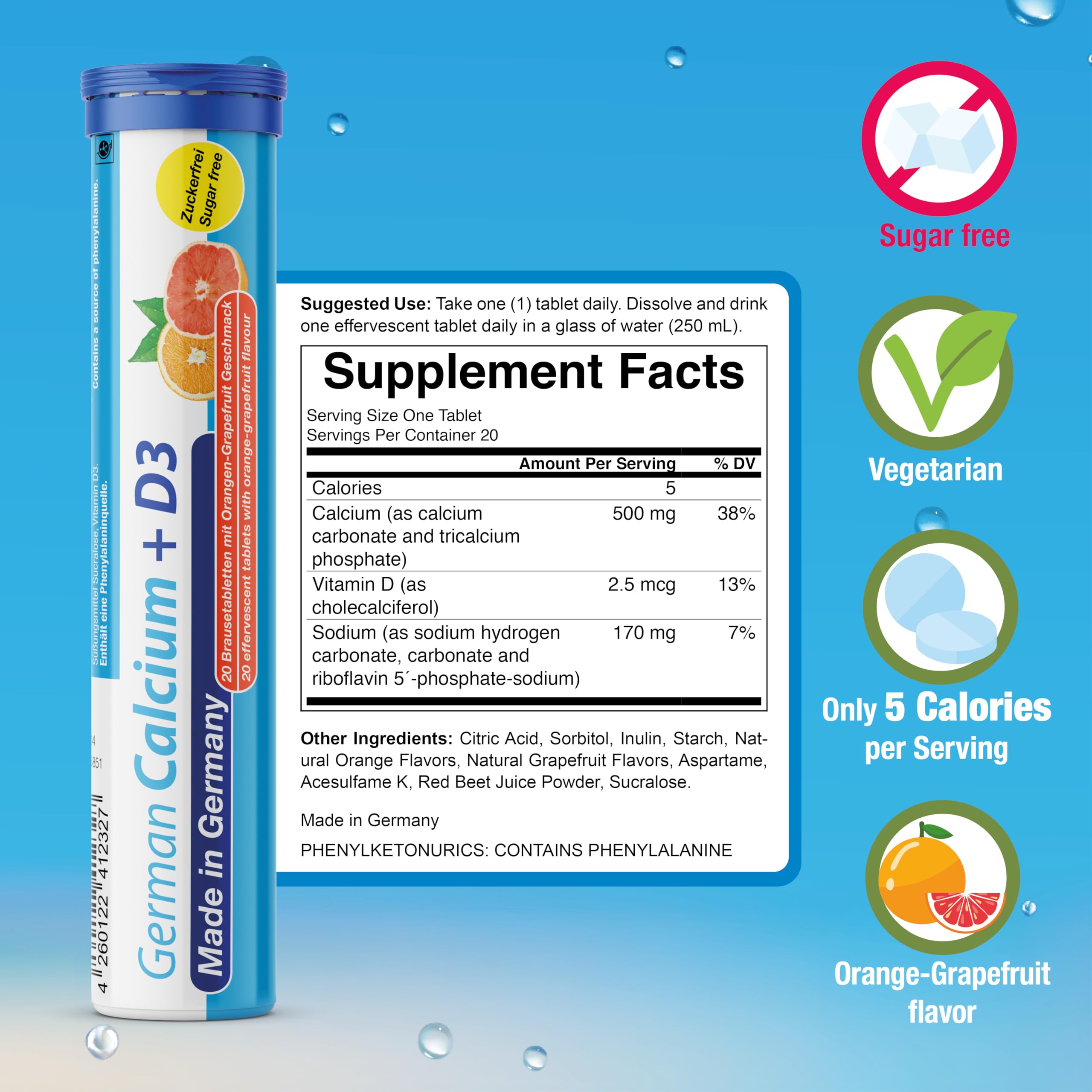 T&D German Vitamin, Minerals - 140 Vegan/Vegetarian Drink Effervescent Tablets - Mixed Fruit Flavor Box - Made in Germany T&D buy australia supplements