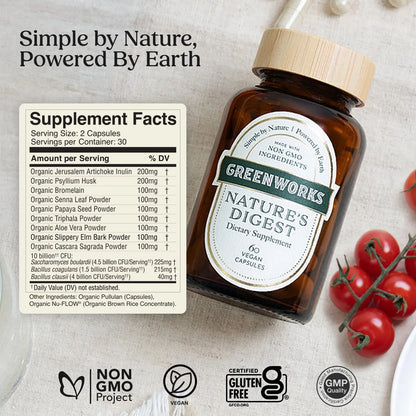 Greenworks Nature's Digest 10 Billion CFU Probiotic for Adults | Daily Gut Health Supplement with Saccharomyces Boulardii, Psyllium Husk, Bromelain, Greenworks