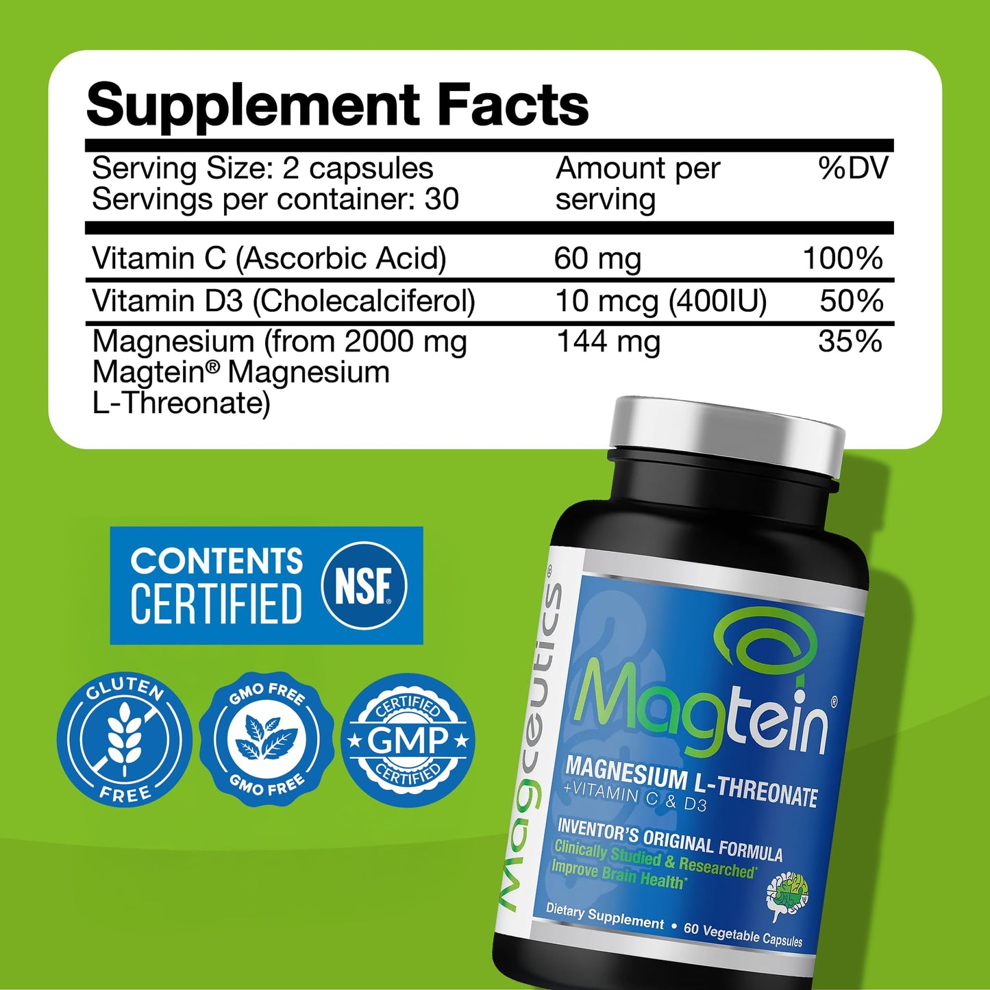 Magtein - Magnesium L-Threonate Supplement, Memory, Focus, Sleep & Brain Health Formula for Men & Women, Cognitive Support for Adults Magtein