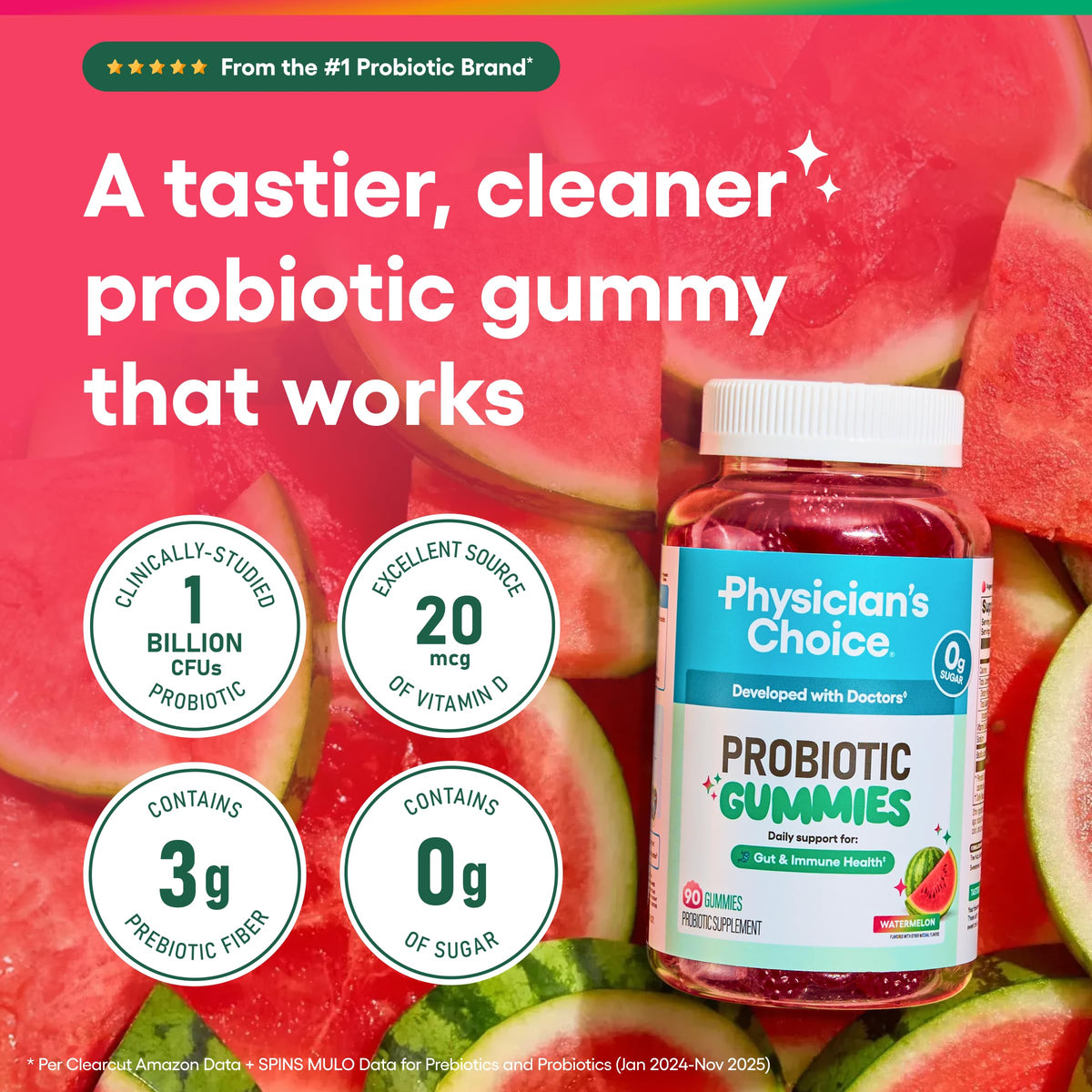 Physician's CHOICE Probiotic Gummies with Vitamin D & Prebiotic Fiber - Sugar Free - 1B CFUs of Clinically Studied Probiotic - Supports Immune & Gut Health Physician's CHOICE