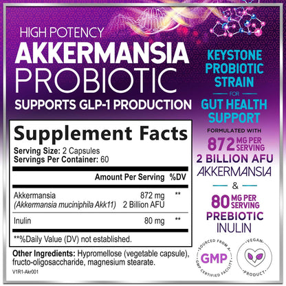Akkermansia Probiotic - 2 Billion AFU per Serving - Best Strain for GLP-1 Production Support with Prebiotic Fiber for Natural Digestive & Gut Health Hello Lovely!