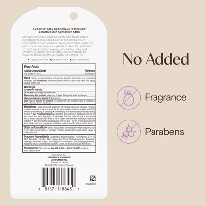 Aveeno Baby Continuous Protection Mineral Sunscreen Stick for Sensitive Skin with Broad Spectrum SPF 50 Protection for Face & Body, Naturally Sourced 100% Zinc Oxide, Travel Size, 0.47 oz Aveeno Baby