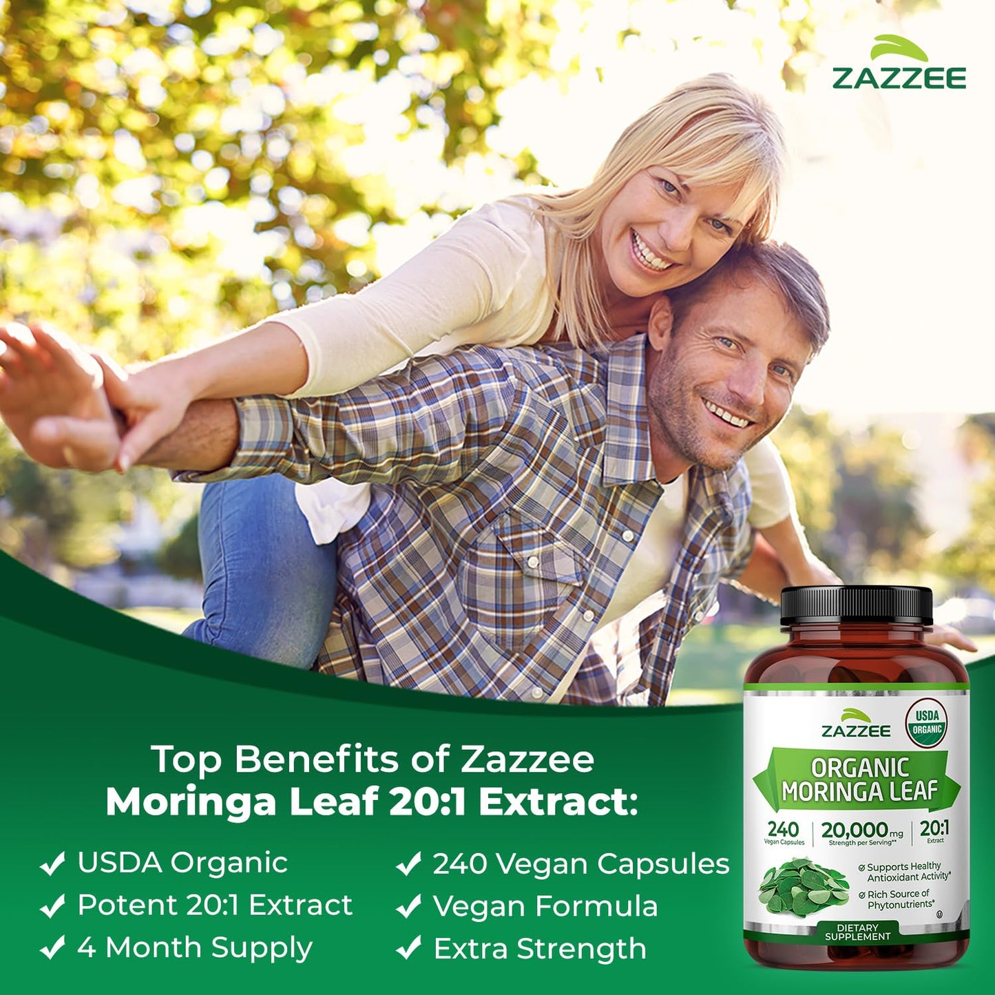 Zazzee USDA Organic Moringa Leaf 20:1 Extract, 180 Vegan Capsules | 3 Month Supply, Certified Kosher, Moringa Oleifera, Antioxidant, Immune & Cellular Support, Superfood Supplement, Made in USA Gsupps Australia