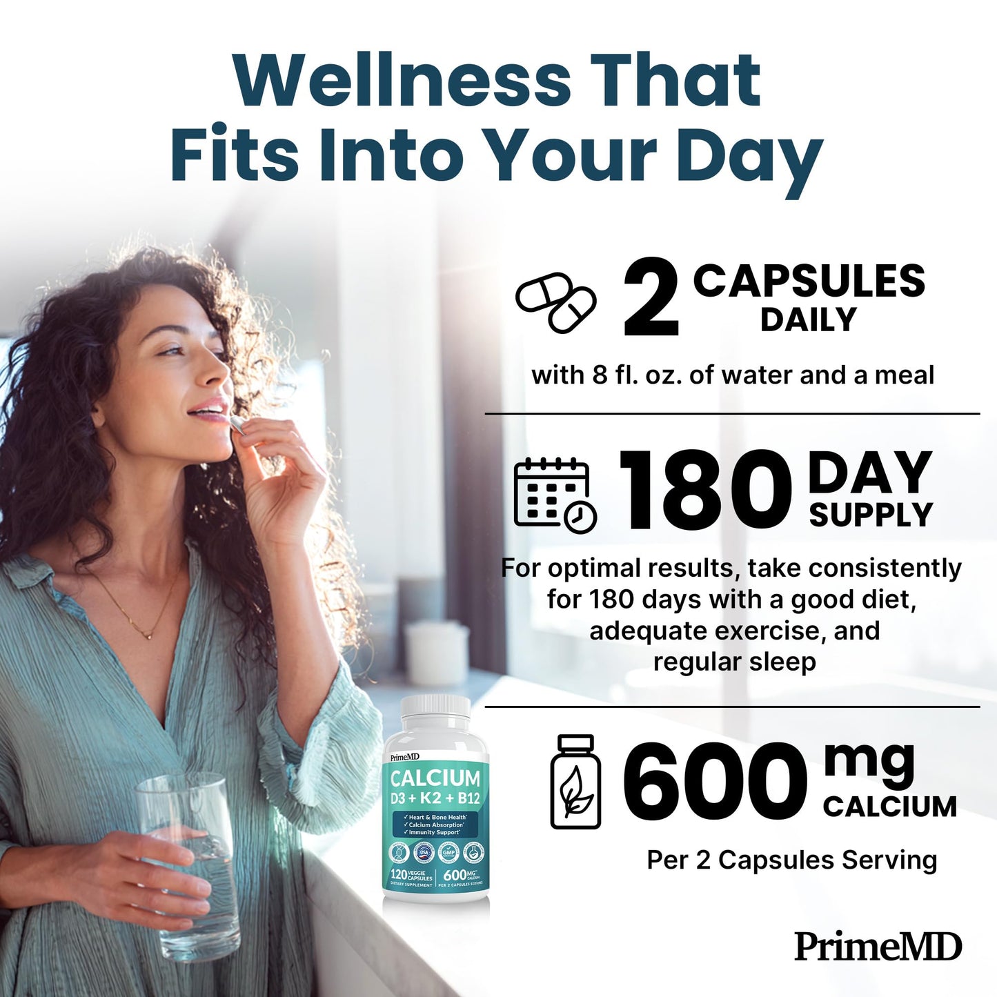 4-in-1 Calcium Supplements for Women & Men - Calcium Citrate with D3 K2 Vitamin 5000 IU - Calcium 600mg with Vitamin D3 K2 - Everyday Vitality Supplement - PrimeMD