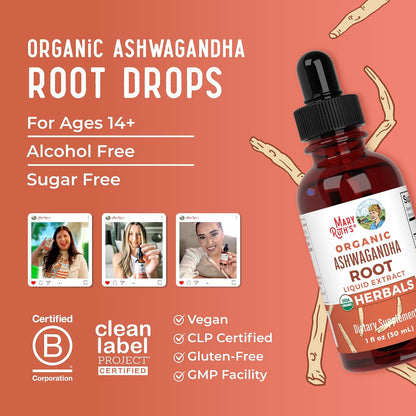 MARYRUTH'S Ashwagandha Root Liquid Drops | Mood & Stress Support Supplement | Calm & Relaxation | 590mg Ashwagandha | Adaptogen & Nervine | Vegan | USDA Organic | CLP Certified | Non-GMO | 1 oz