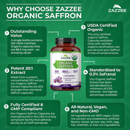 Zazzee USDA Organic Saffron 20:1 Extract, 88.5 mg, 0.3% Safranal, Vegan | 100 Capsules, 3+ Month Supply, Concentrated and Standardized 20X Extract, Non-GMO, All-Natural, Made in the USA Gsupps Australia