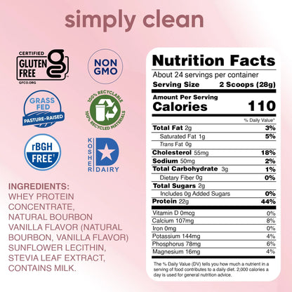 simply tera's Pure Whey Protein Powder - Grass Fed Vanilla Whey Protein Powder, Clean, Made Without Artificial Sweeteners, Non-GMO, Kosher, rBGH-Free, Soy-Free - 24 Oz simply tera's