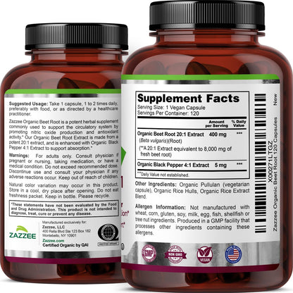 Zazzee USDA Organic Beet Root 20:1 Extract, 120 Quick Release Capsules | 4 Month Supply, Vegan, Nitric Oxide Support, Black Pepper Extract for Enhanced Absorption, Certified Kosher, Made in the USA Gsupps Australia