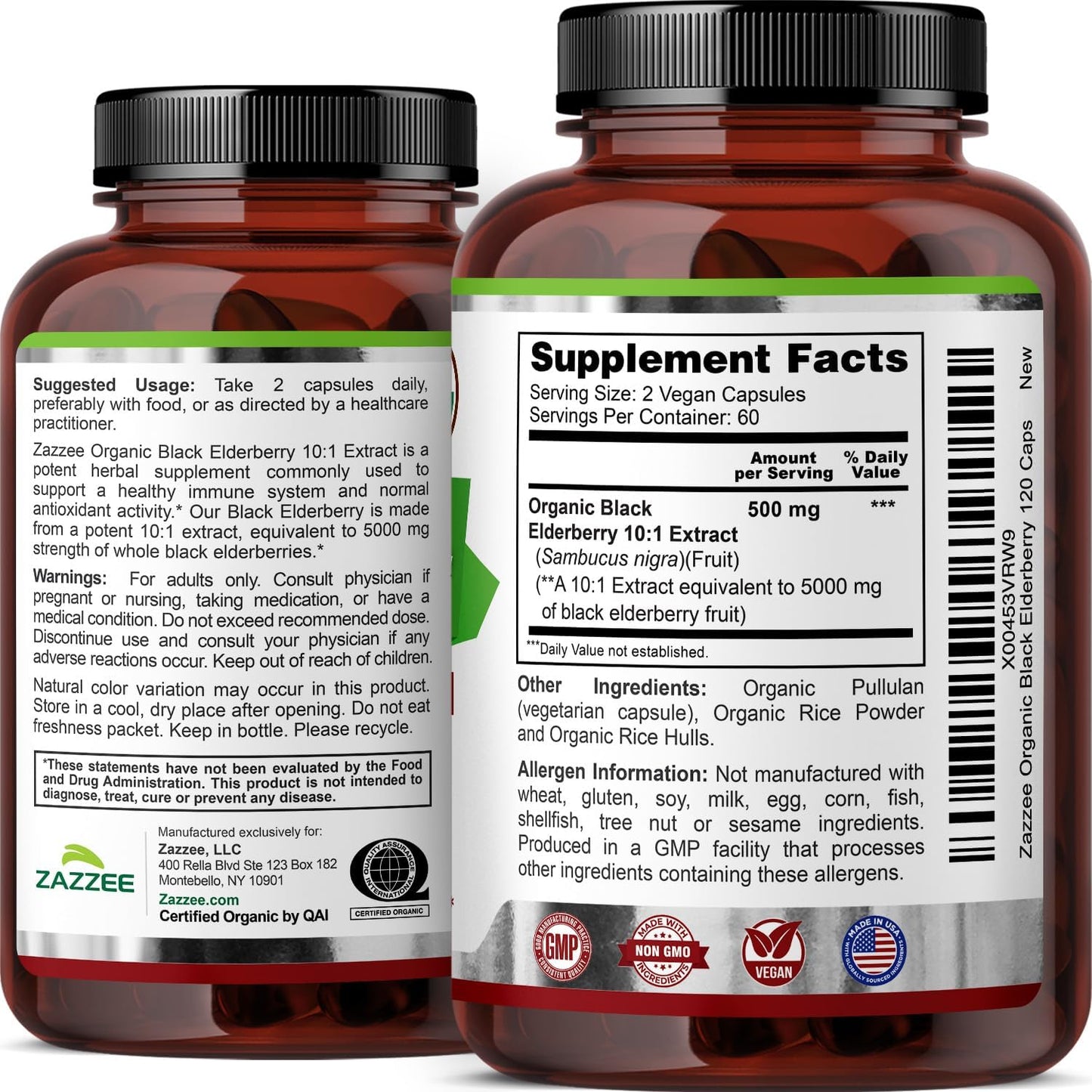 Zazzee USDA Organic Black Elderberry 10:1 Extract, 120 Vegan Capsules | 2 Month Supply, Sambucus Nigra, Antioxidant & Immune Support, Concentrated 10X Extract, All-Natural, Non-GMO, Made in the USA Gsupps Australia