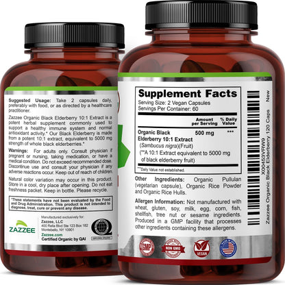 Zazzee USDA Organic Black Elderberry 10:1 Extract, 120 Vegan Capsules | 2 Month Supply, Sambucus Nigra, Antioxidant & Immune Support, Concentrated 10X Extract, All-Natural, Non-GMO, Made in the USA Gsupps Australia