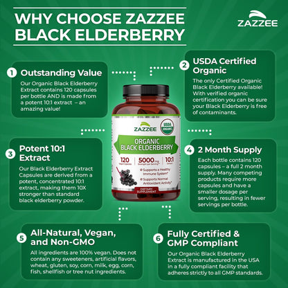 Zazzee USDA Organic Black Elderberry 10:1 Extract, 120 Vegan Capsules | 2 Month Supply, Sambucus Nigra, Antioxidant & Immune Support, Concentrated 10X Extract, All-Natural, Non-GMO, Made in the USA Gsupps Australia