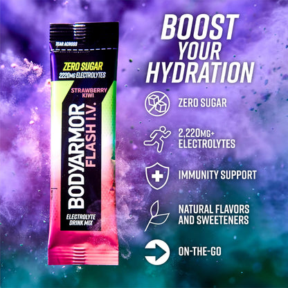 BODYARMOR Flash IV Electrolyte Packets, Strawberry Kiwi - Zero Sugar Drink Mix, Single Serve Packs, Coconut Water Powder (15 Count) BODYARMOR