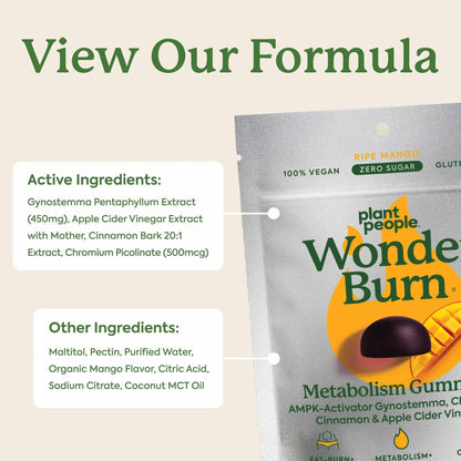 Plant People WonderBurn Metabolism & Cravings Control Gummies, Zero Sugar, Ripe Mango Flavor (60 Count) Plant People