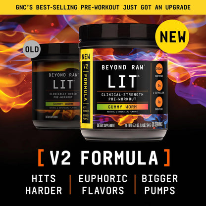 BEYOND RAW LIT V2 Clinical Strength Pre Workout Powder, Hits Harder, Bigger Pumps, Caffeine, L-Citrulline, Creatine, Gummy Worm, 30 Servings BEYOND RAW