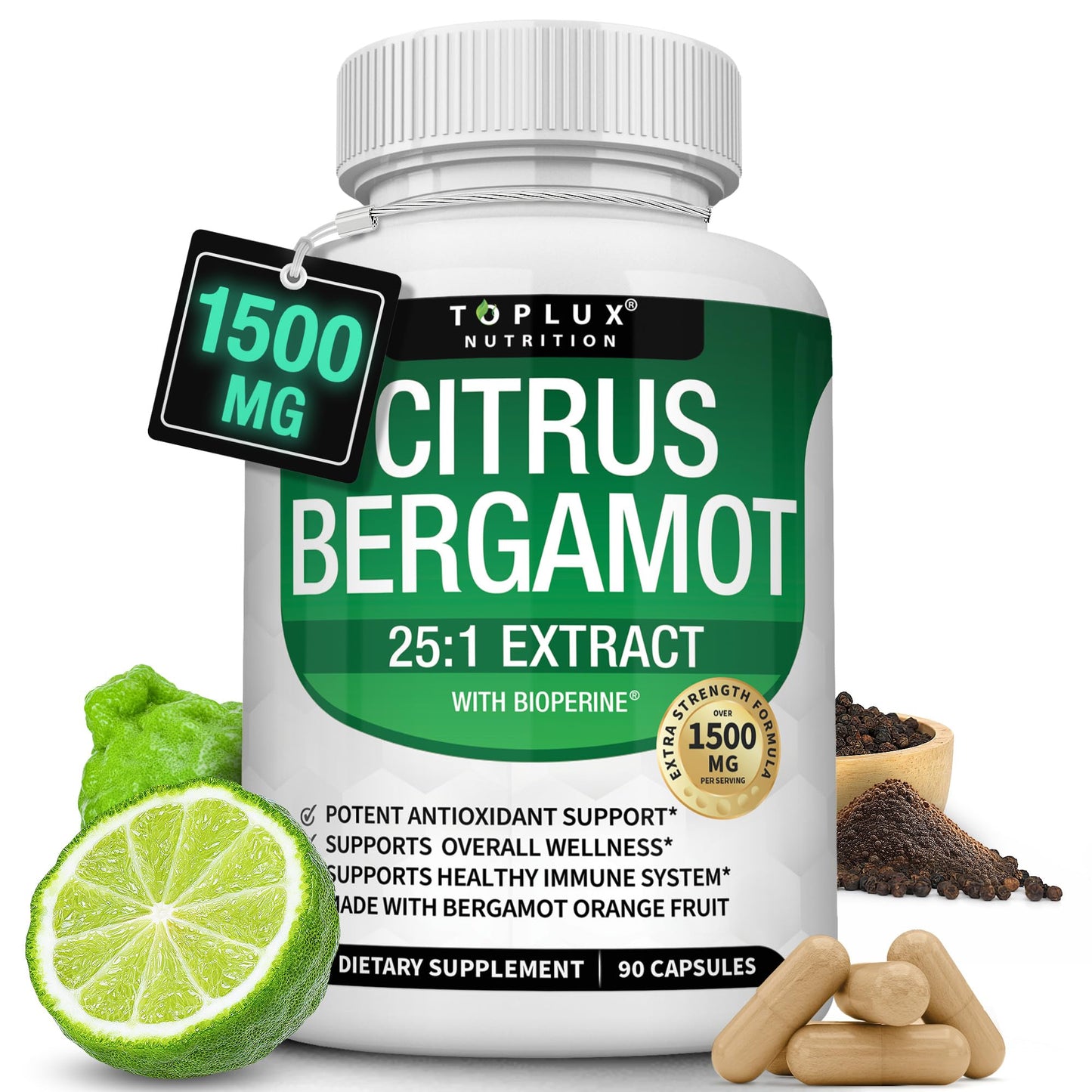 Citrus Bergamot Supplement 1500mg - 25:1 Bergamot Extract to Support Overall Health, Immune System, Potent Antioxidant High Absorption Natural Toplux