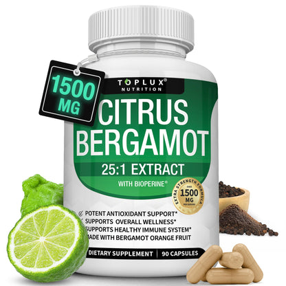 Citrus Bergamot Supplement 1500mg - 25:1 Bergamot Extract to Support Overall Health, Immune System, Potent Antioxidant High Absorption Natural Toplux
