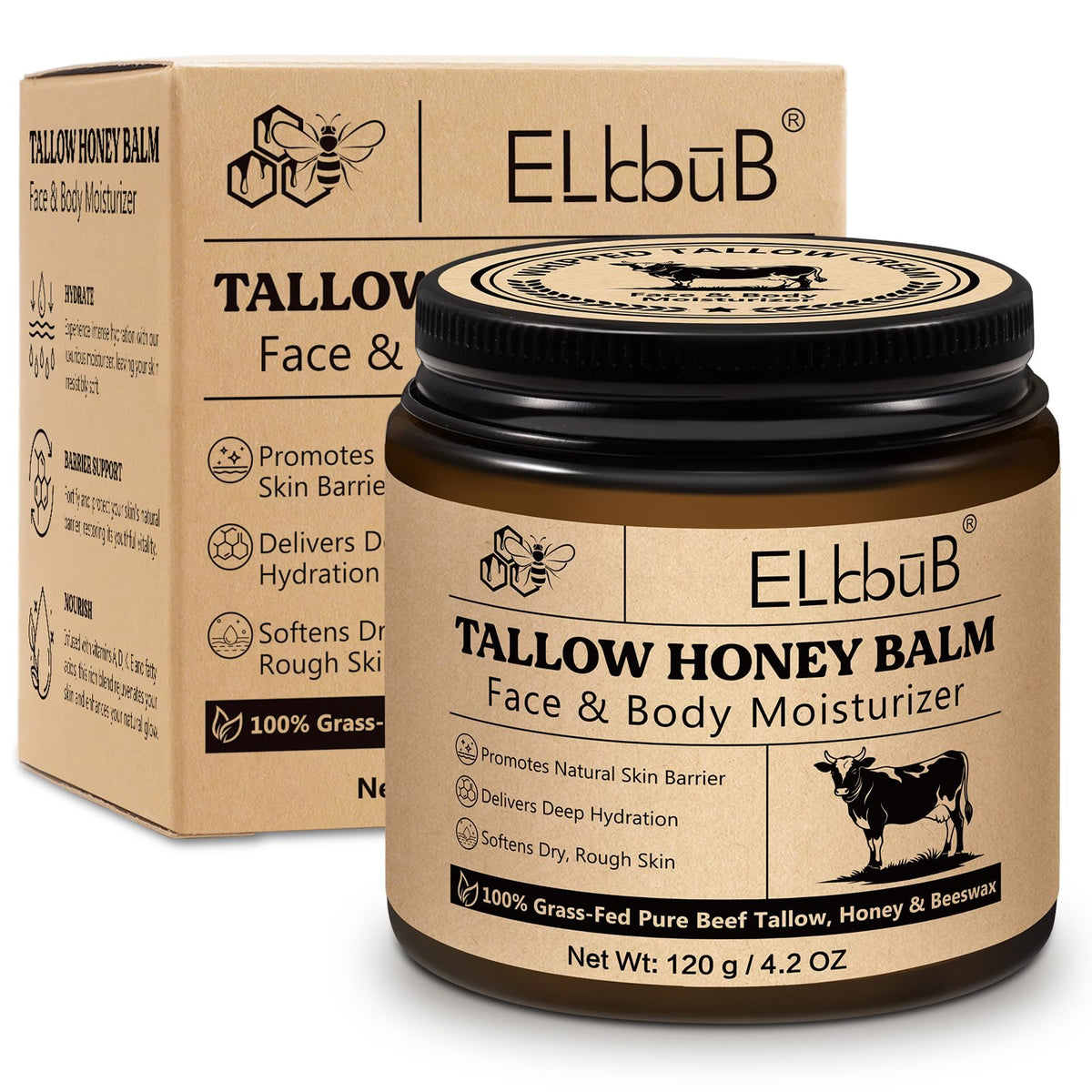 ELBBUB Whipped Tallow Cream for Face & Body - 100% Grass-Fed Beef Tallow, Natural Honey & Beeswax Moisturizer, Deep Hydration & Nourishment, Oil-Free & Unscented, Fast Absorbing ELBBUB