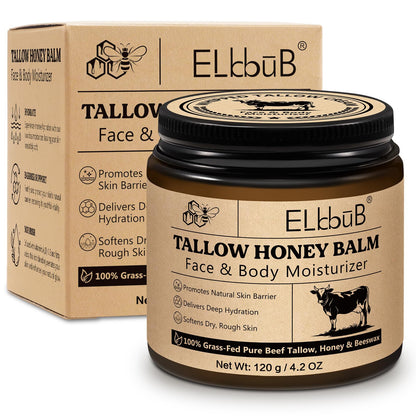 ELBBUB Whipped Tallow Cream for Face & Body - 100% Grass-Fed Beef Tallow, Natural Honey & Beeswax Moisturizer, Deep Hydration & Nourishment, Oil-Free & Unscented, Fast Absorbing ELBBUB