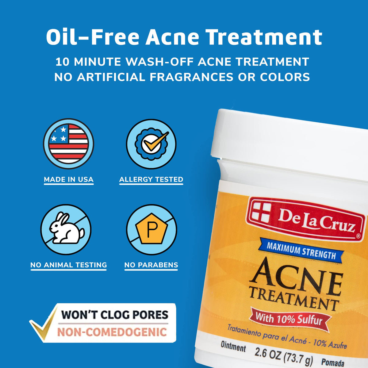De La Cruz 10% Sulfur Ointment, Cystic Acne Treatment Face, Body 2.6oz jar De La Cruz