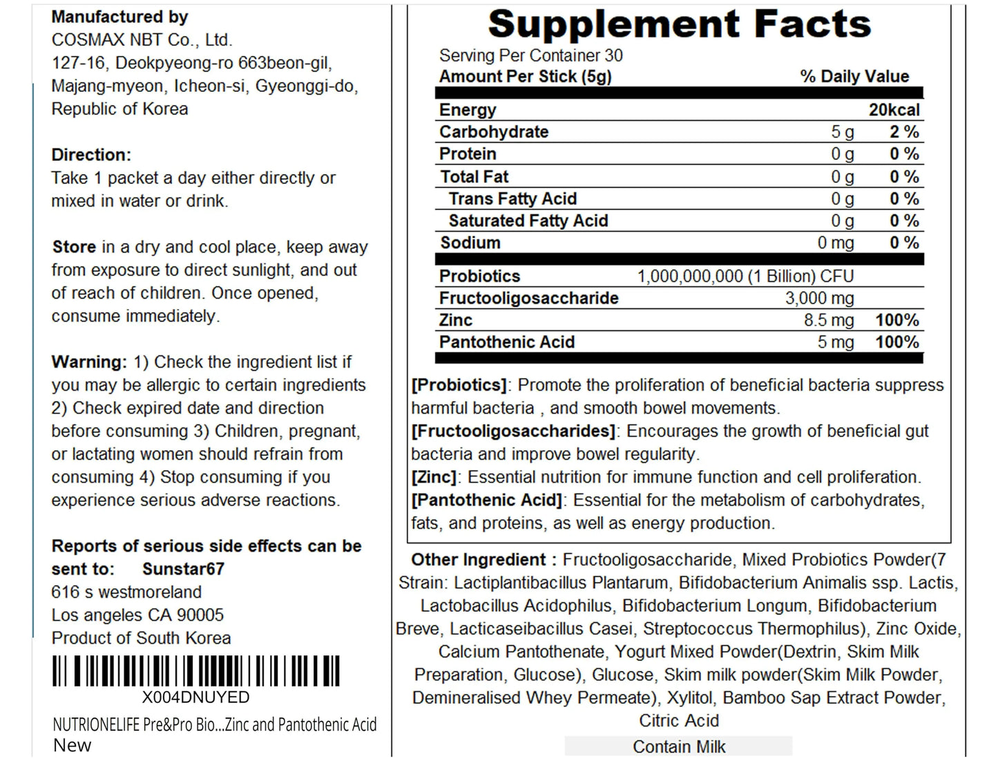 NUTRIONELIFE Pre&Pro Biotics, 1Billion CFU, Powder Type Korea Probiotics, Multi-Strain Probiotic Blend, Supports Digestive Wellness, NUTRIONELIFE