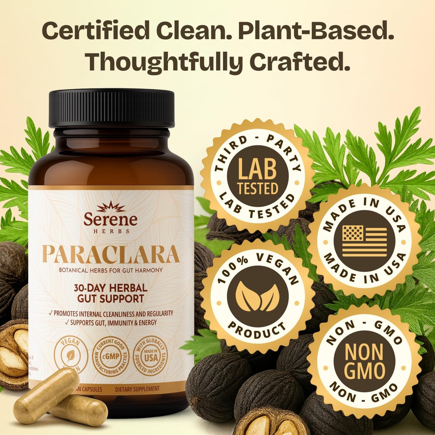 Serene Herbs Paraclara Wormwood Black Walnut Hull Clove Supplement - Cleanse & Detox for Humans - Natural Gut Health Digestive Formula for Children & Adults - Supports Digestion & Energy - 60 Capsules