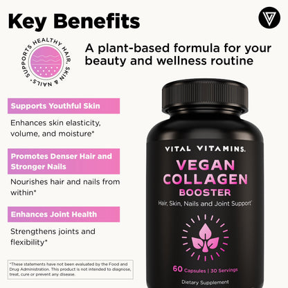 Vital Vitamins Vegan Collagen Booster - with Silica and Hyaluronic Acid - Plant-Based Collagen Supplements Vital Vitamins