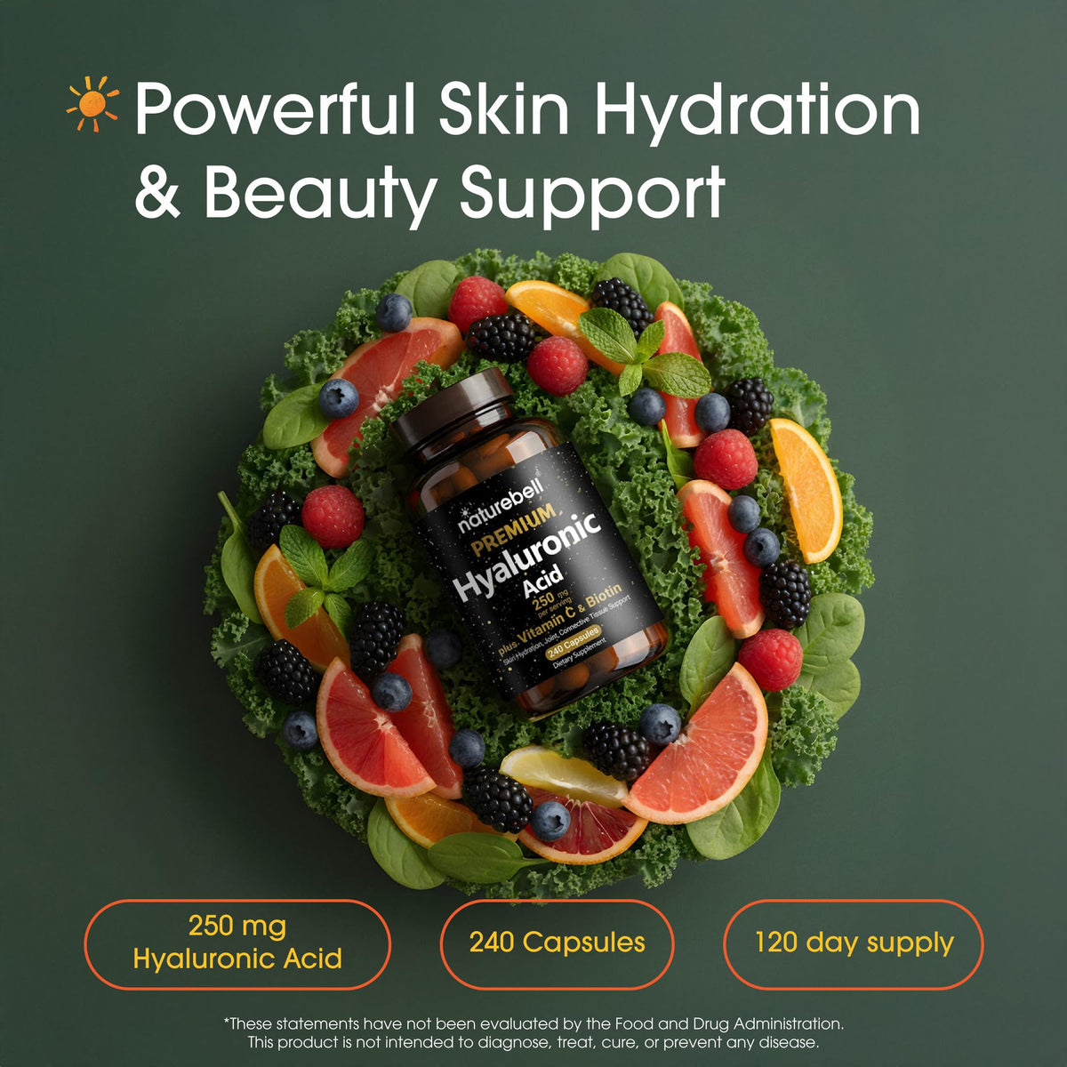 NatureBell Hyaluronic Acid 250mg - 240 Capsules - 250mg Hyaluronic Acid, 5000mcg Biotin & 25 mg Vitamin C - Supports Skin NatureBell