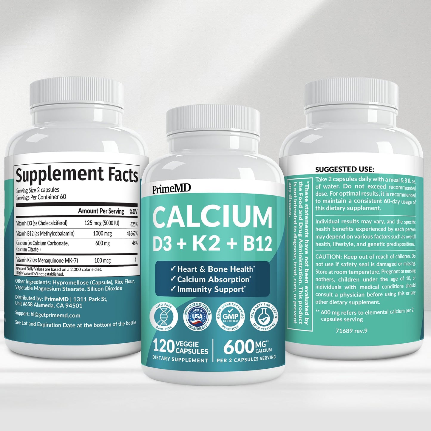 4-in-1 Calcium Supplements for Women & Men - Calcium Citrate with D3 K2 Vitamin 5000 IU - Calcium 600mg with Vitamin D3 K2 - Everyday Vitality Supplement - PrimeMD
