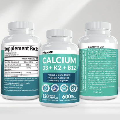 4-in-1 Calcium Supplements for Women & Men - Calcium Citrate with D3 K2 Vitamin 5000 IU - Calcium 600mg with Vitamin D3 K2 - Everyday Vitality Supplement - PrimeMD