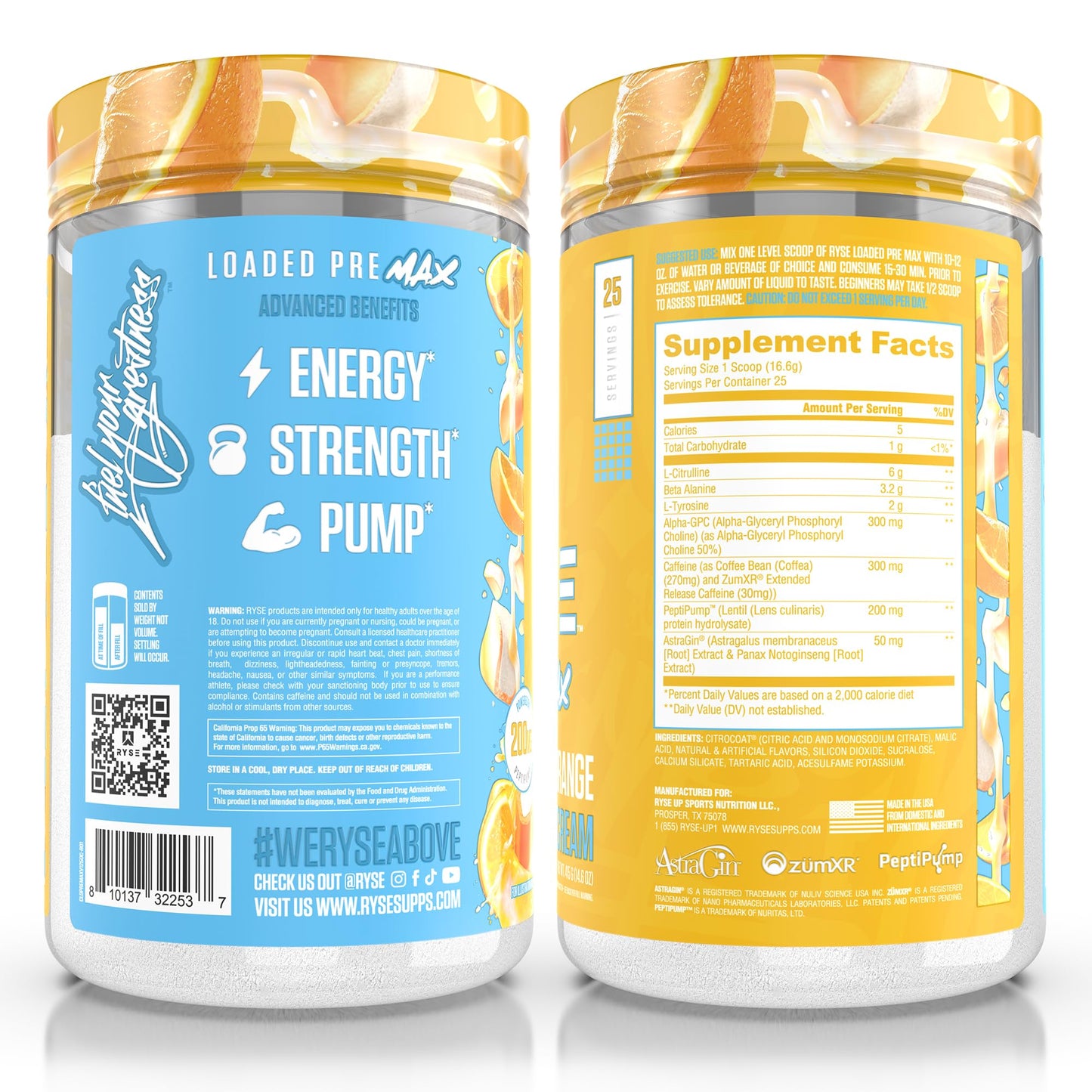 Ryse Loaded Pre Max Pre Workout Powder - Orange Cream - 300mg Dual-Phase Caffeine for Sustained Energy for Men & Women - L-Citrulline, PeptiPump & Alpha-GPC for Power, Pumps & Focus - 25 Servings