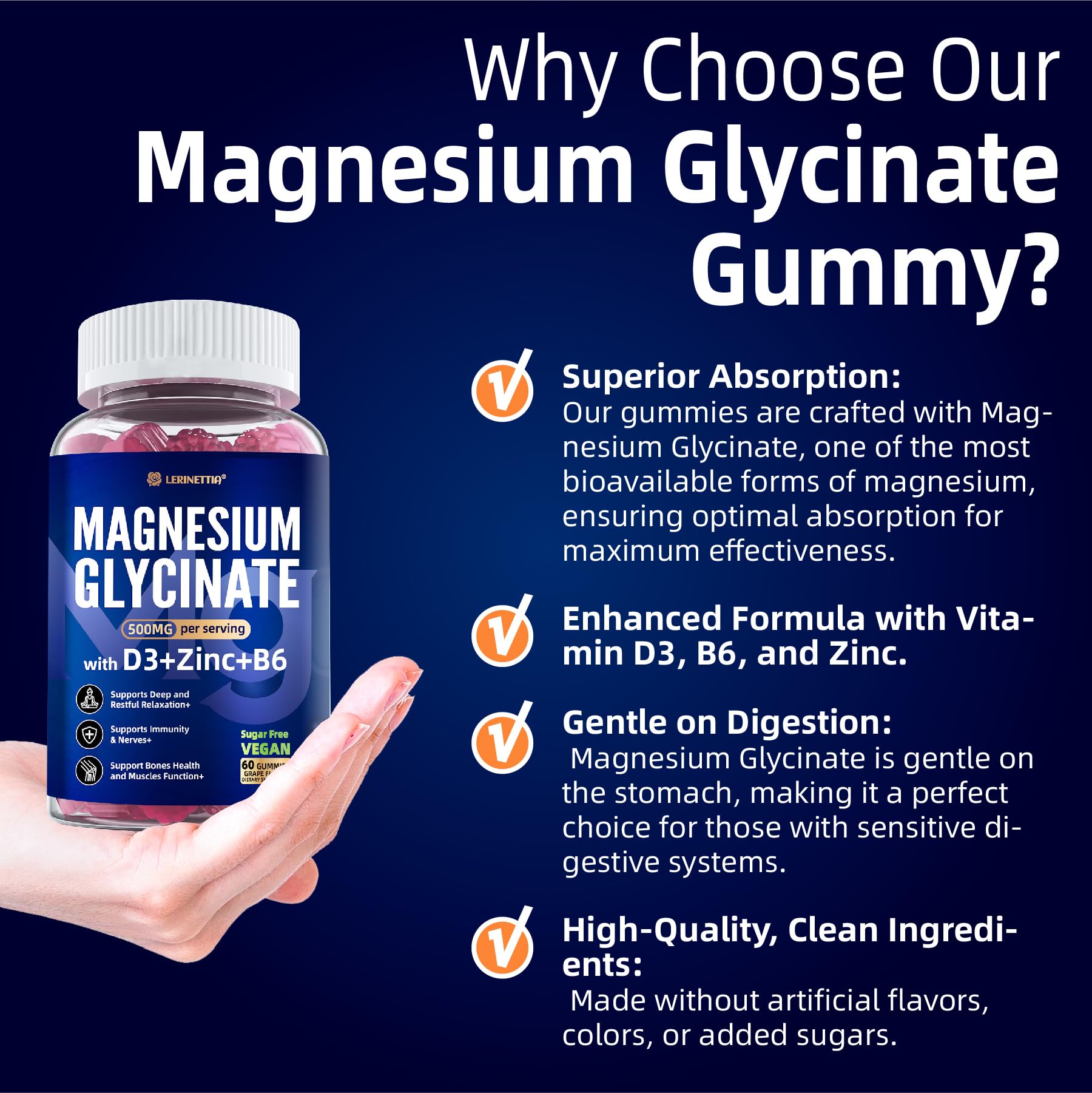 Magnesium Glycinate 500mg/250mg for Adults Teens - Plus D3,B6 & Zinc - Magnesium Glycinate Gummies,High Absorption - Support for Relaxation,Brain,Bone & Immunity Health - Sugar Free - 120Cts Lerinettia buy australia supplements