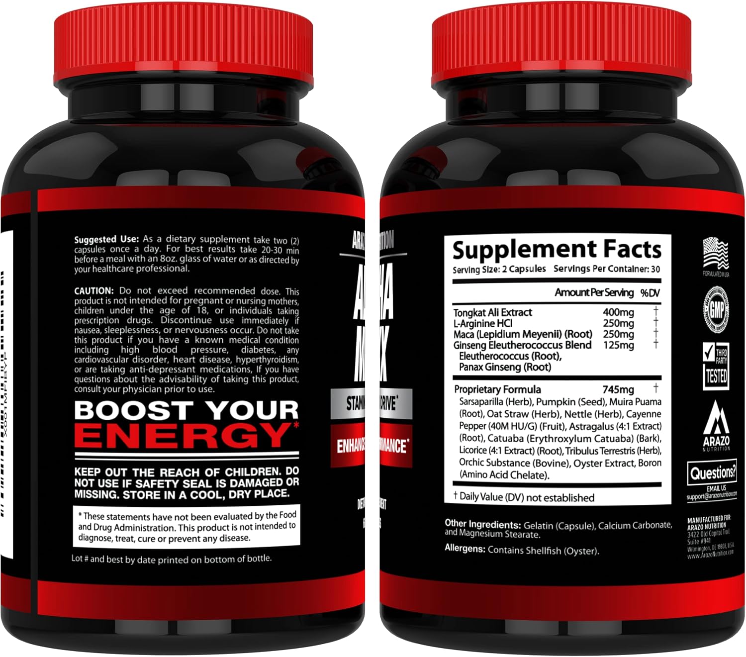 Arazo Nutrition Alphamaxx Health Supplement - Ginseng, Muira Puama, Tribulus Terrestris - 60 Herbal Pill Gsupps Australia
