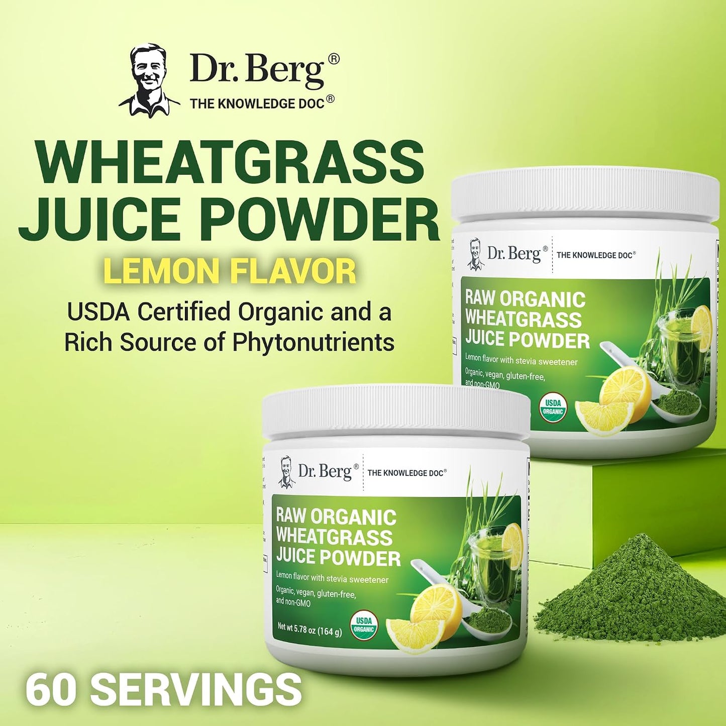 Dr. Berg USDA Certified Organic Green Powder Superfood (60 Servings) - Made with Raw Wheatgrass, Chlorophyll, Trace Minerals & Natural Enzymes - Non-GMO Green Superfood Powder - Lemon Flavor