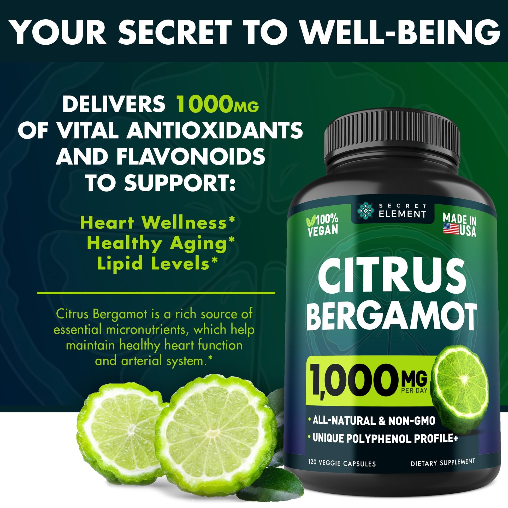 (2 PACK) Citrus Bergamot Extract 1000mg - Citrus Bergamot Supplement for Circulatory Health, Immunity, and Graceful Aging - 2x the potency of Citrus Bergamot 500mg Secret Element