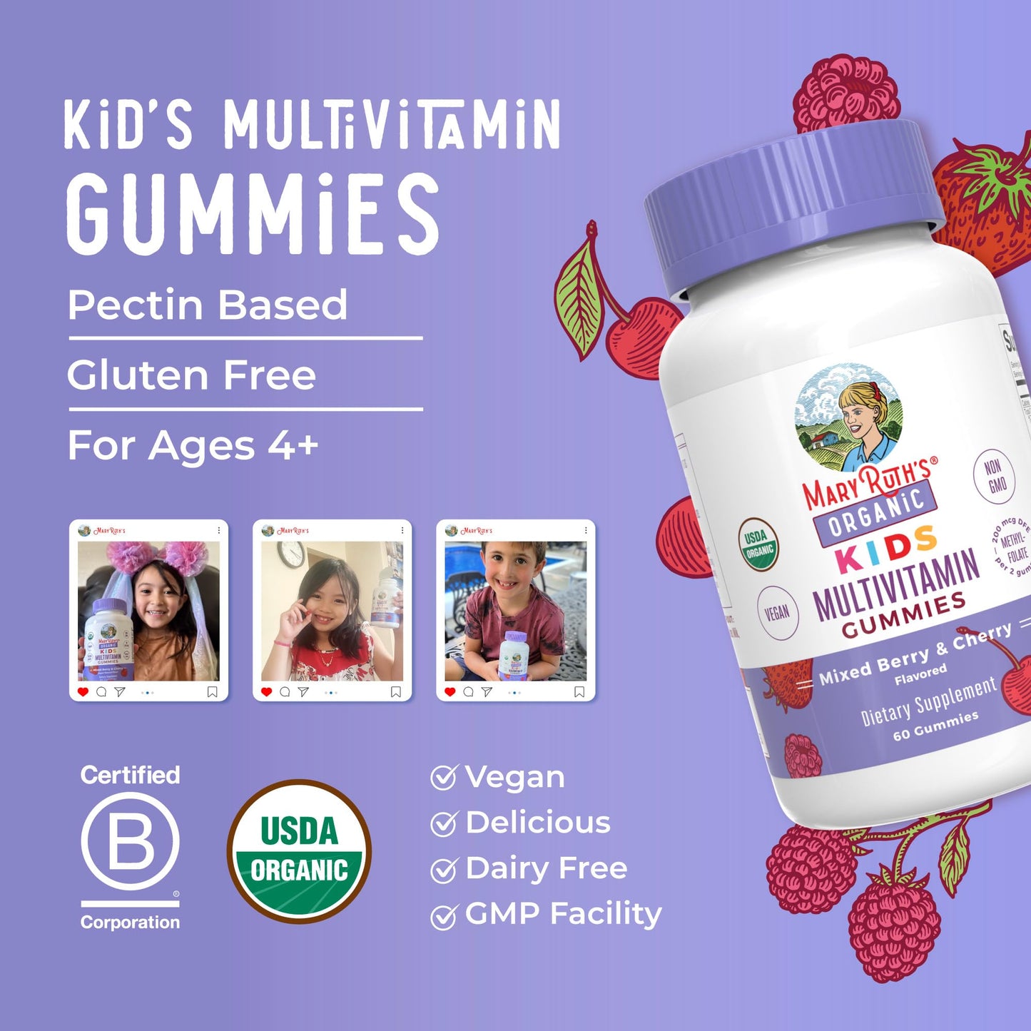 MARYRUTH'S Kids Vitamins | Multi | 1 Month Supply | Multivitamin Gummies for Ages 4+ | Multivitamin for Kids | Vegan | Only 2 Gummies a Day | 60 Count MARYRUTH'S