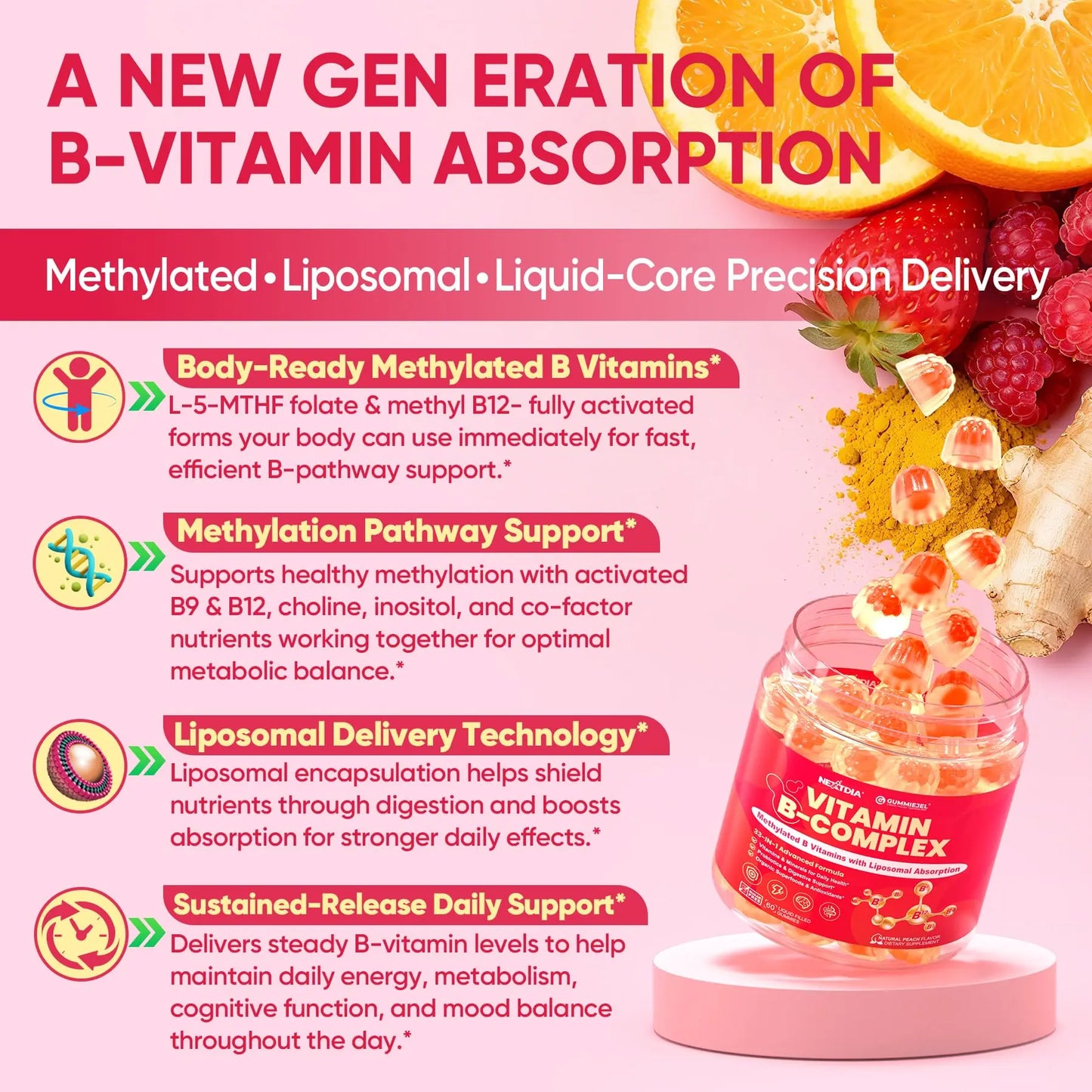 Methylated Vitamin B Complex Gummies for Women & Men, High Dose 2000 mcg Methyl B12, Liposomal Super All B Vitamins Methylfolate, B1, B2, B3, B5, B6, B7, Vitamin C, Nextdia