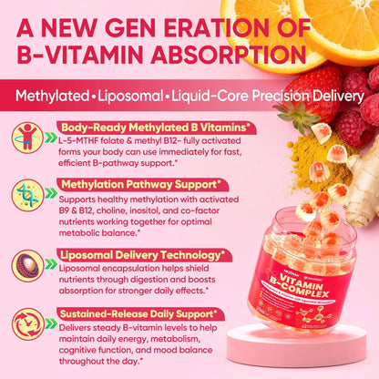 Methylated Vitamin B Complex Gummies for Women & Men, High Dose 2000 mcg Methyl B12, Liposomal Super All B Vitamins Methylfolate, B1, B2, B3, B5, B6, B7, Vitamin C, Nextdia