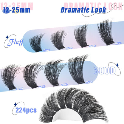 Yaiseiko Fluffy Lash Clusters 300D Thick Long 12-25mm Volume Cluster Eyelash Extensions 224Pcs Wispy Individual Lashes D Curl Waterproof Eyelash Clusters Soft False Eyelashes DIY at Home Yaiseiko