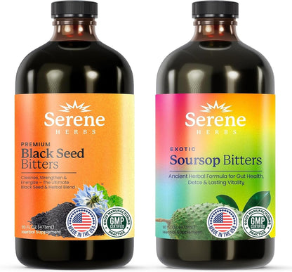 Serene Herbs Soursop Bitters Liquid & Black Seed Bundle – Organic Herbal Guanabana for Digestive Support & Immune Health – Vegan, Non-GMO – 32 oz (16 oz Each), (2 Pack)