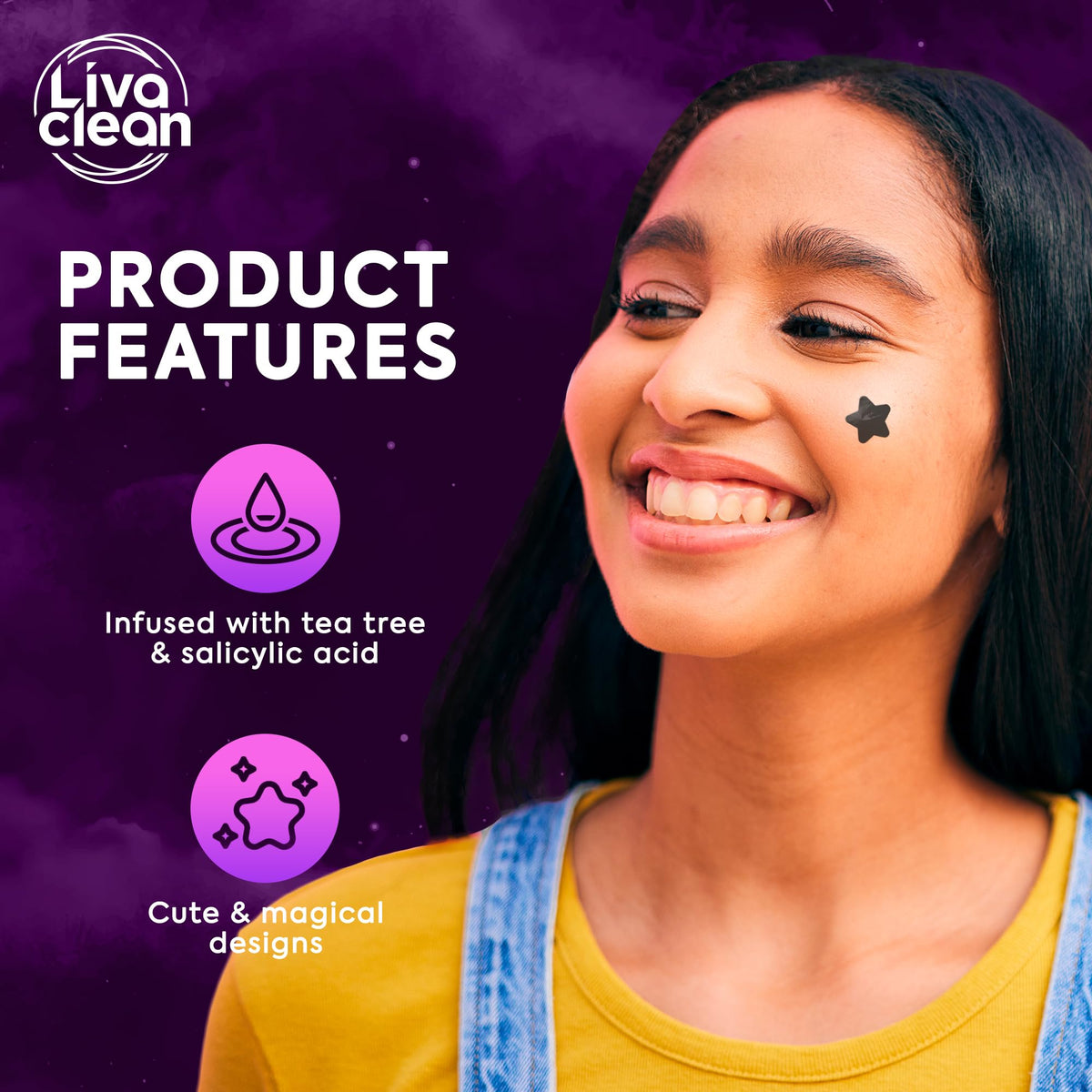 Livaclean 250CT Black Star Pimple Patches for Face - Hello Kitty Pimple Patches Black w/Salicylic Acid & Tea Tree Oil - HSA/FSA Compliant Hydrocolloid Acne Patch, Cute Blemish Patches, Zit Patch LivaClean