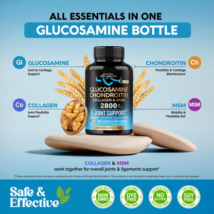 Glucosamine Chondroitin MSM Collagen | HSA | Joint Support Supplement 2800 mg | Made in USA | FSA Approved Product Items | Flexibility Nutritional Vitamins NUTRAHARMONY