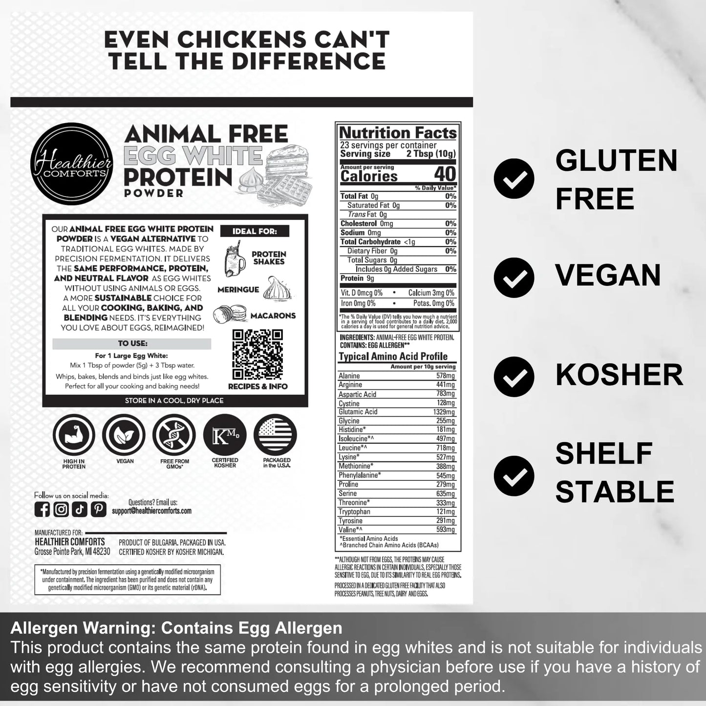 Healthier Comforts Animal-Free Egg White Protein Powder | Make Vegan Egg Omelets, Angel Food Cake, Meringue, Protein Shakes | Whips and Binds Just Like Traditional Egg Whites (8 oz) Healthier Comforts