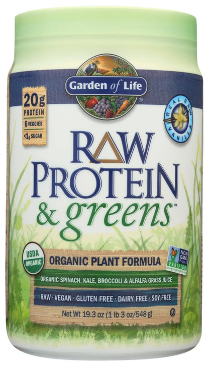 Garden of Life Raw Protein & Greens Vanilla Protein Powder – 20g Plant Based Greens Powder, Probiotics & Enzymes, Post-Workout Recovery, Vegan, Gluten-Free, Non-GMO, 20 Servings Garden of Life