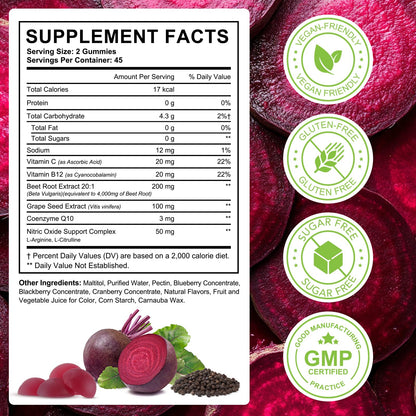 ECHTEYUN Super Beetroot Gummies, 8 in 1 Beet Root 4,000mg with Grape Seed Extract & CoQ10, Sugar Free - 90 Count (1) ECHTEYUN