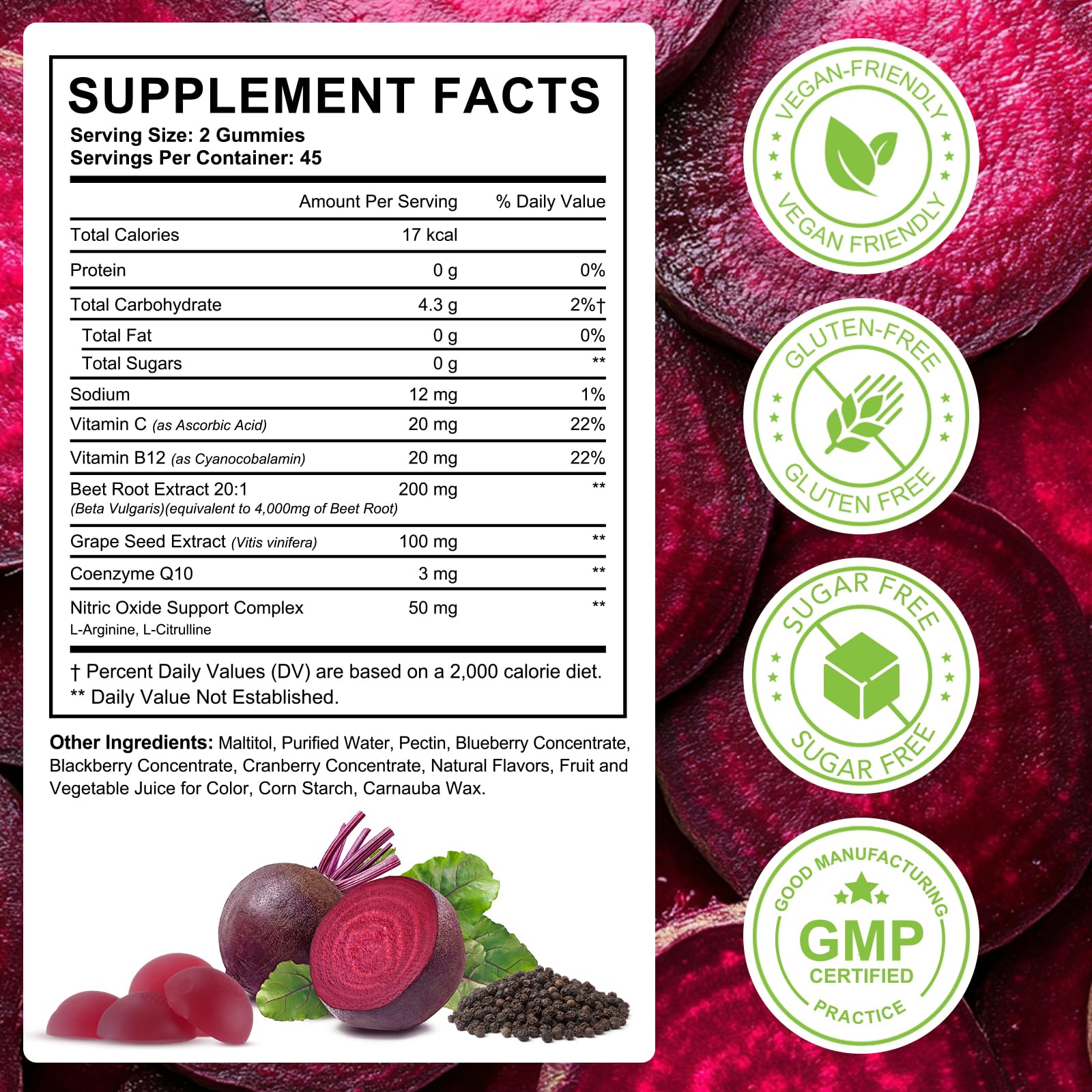 Beet Root Gummies Enriched with 200mg CoQ10 & Beet Root Extract for Blood Pressure, Heart Health Support, Energy Level Suport, Promoting Nitric Oxide