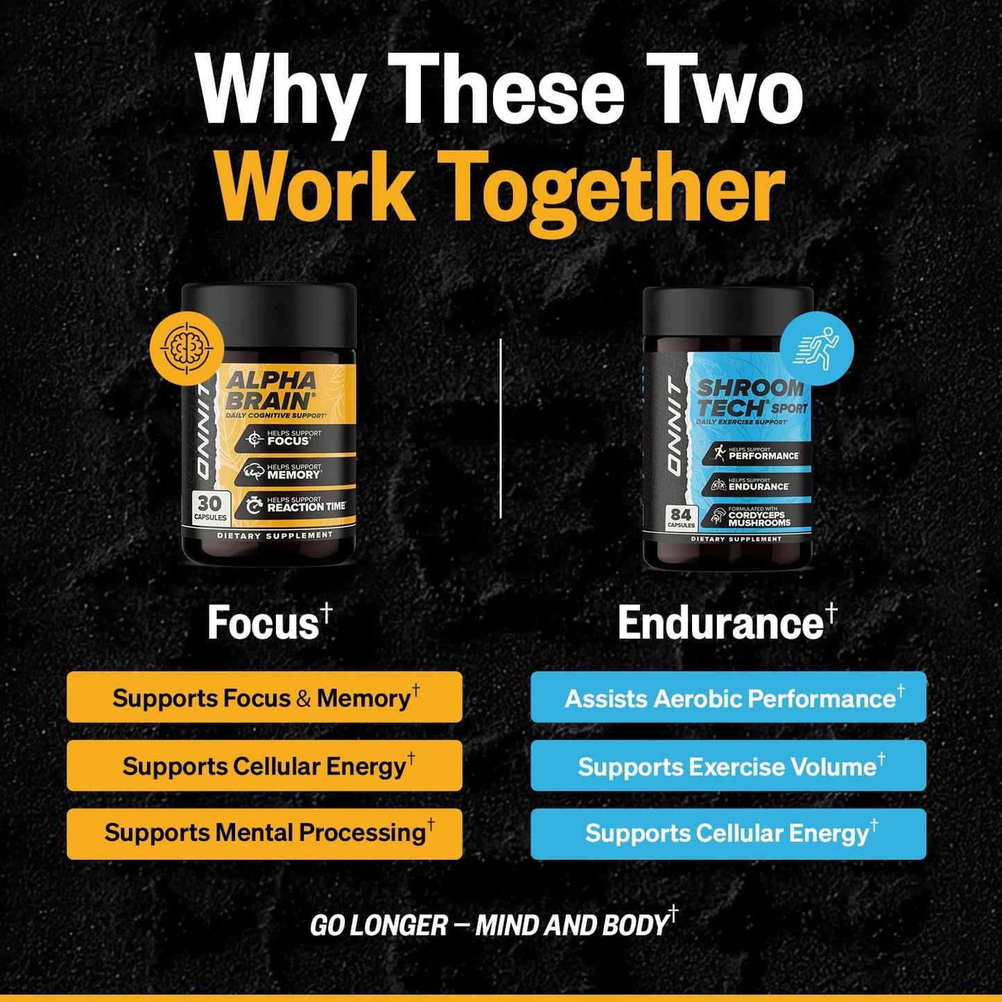 ONNIT Cognitive & Endurance Support Bundle: Alpha Brain Nootropic Capsules (30 Count) + Shroom Tech Sport Exercise Support Capsules (84 Count), IGEN Non-GMO Tested Focus, Energy & Endurance Pack of 2